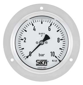 Sika Bourdon tube pressure gauge, marine version, Type MRE-M, crimped-on ring case, front flange, stainless steel, nominal size 63mm, filled with glycerin, display range 0...+10 bar, central back connection, G1/4, brass